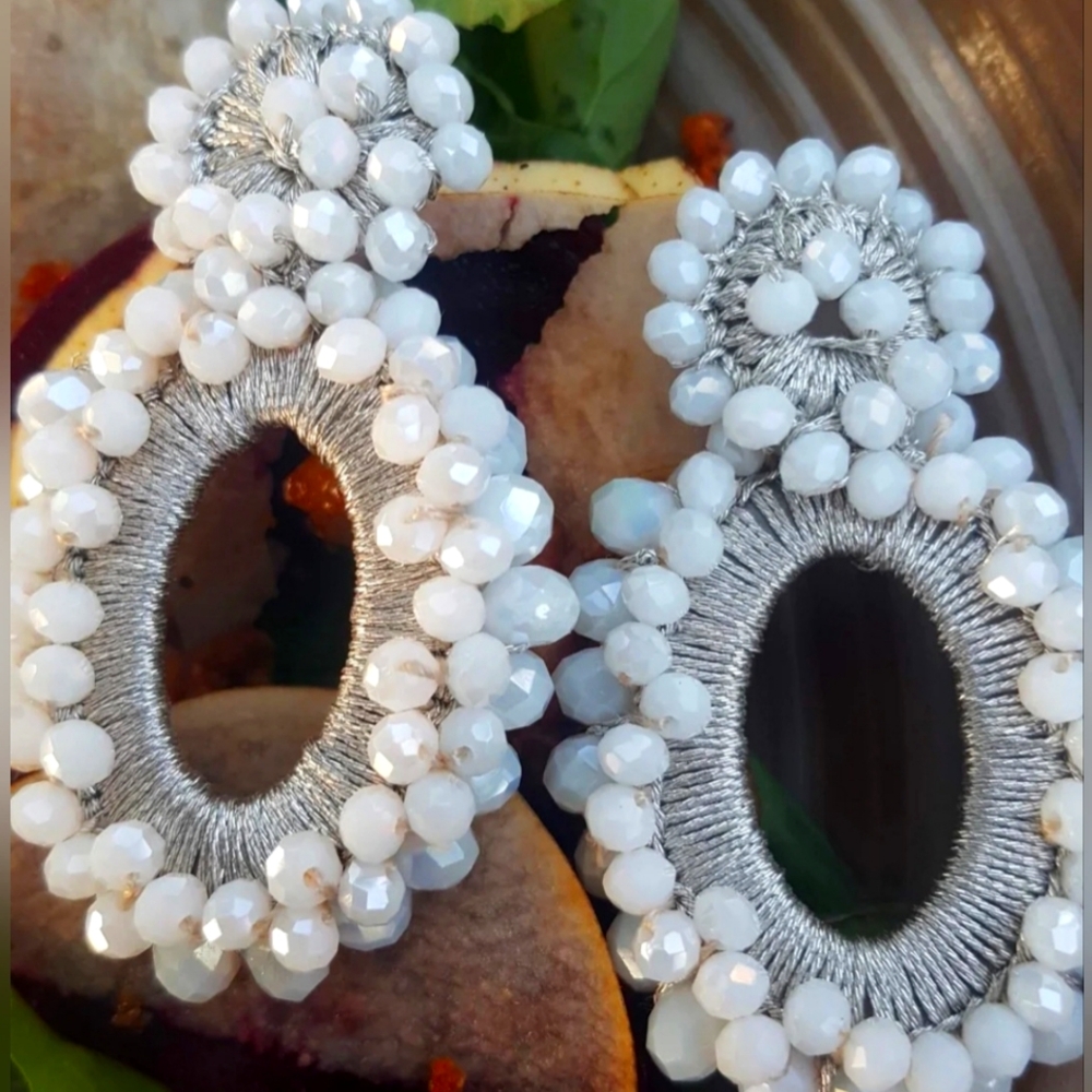 Lotus Seed Beads Oval Drop White Clip On Earrings Handmade